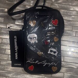 Karl Lagerfeld Black Crossbody Bag with Red and Gold Heart Accents